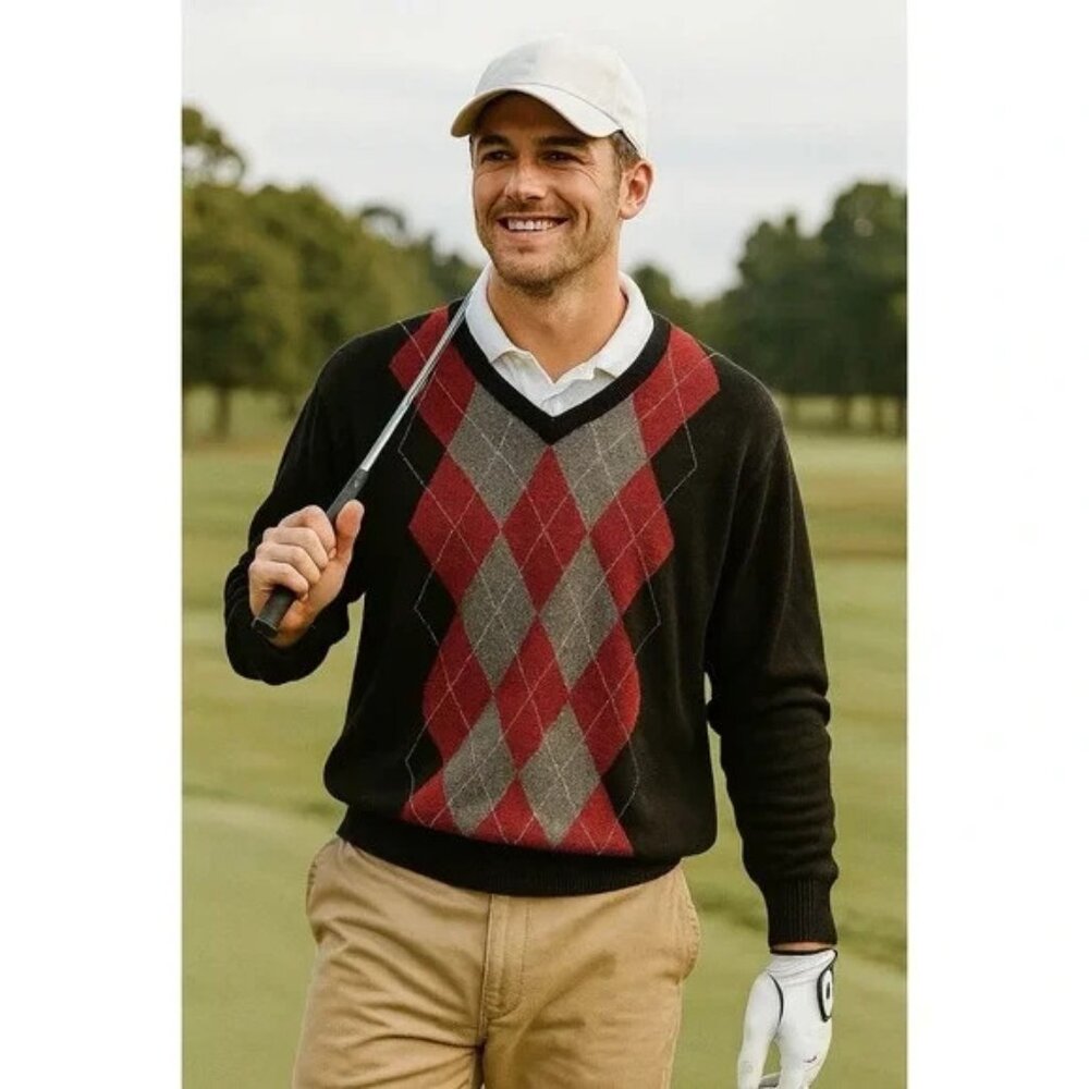 Alan Flusser Silk Rayon Cashmere Argyle Pullover V-Neck Men's Sweater Large